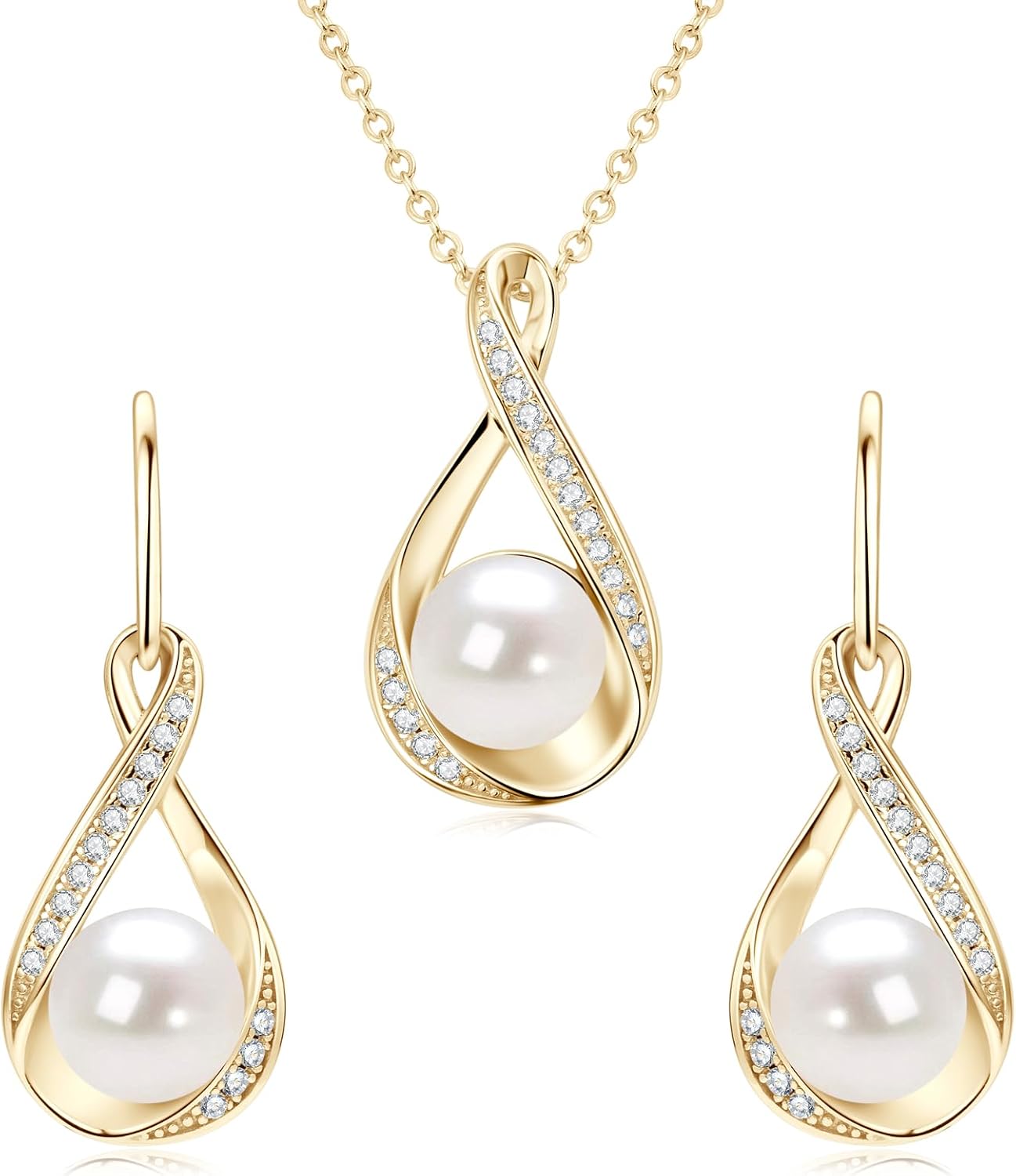 61qsP06Ub7L._AC_SL1500_.jpg Sterling Silver Pearl Jewelry Set with Shiny Moissanite, Real Freshwater Pearl Earrings Necklace for Women, Wedding Jewelry for Brides Bridesmaid, Mother's Day - Image 1