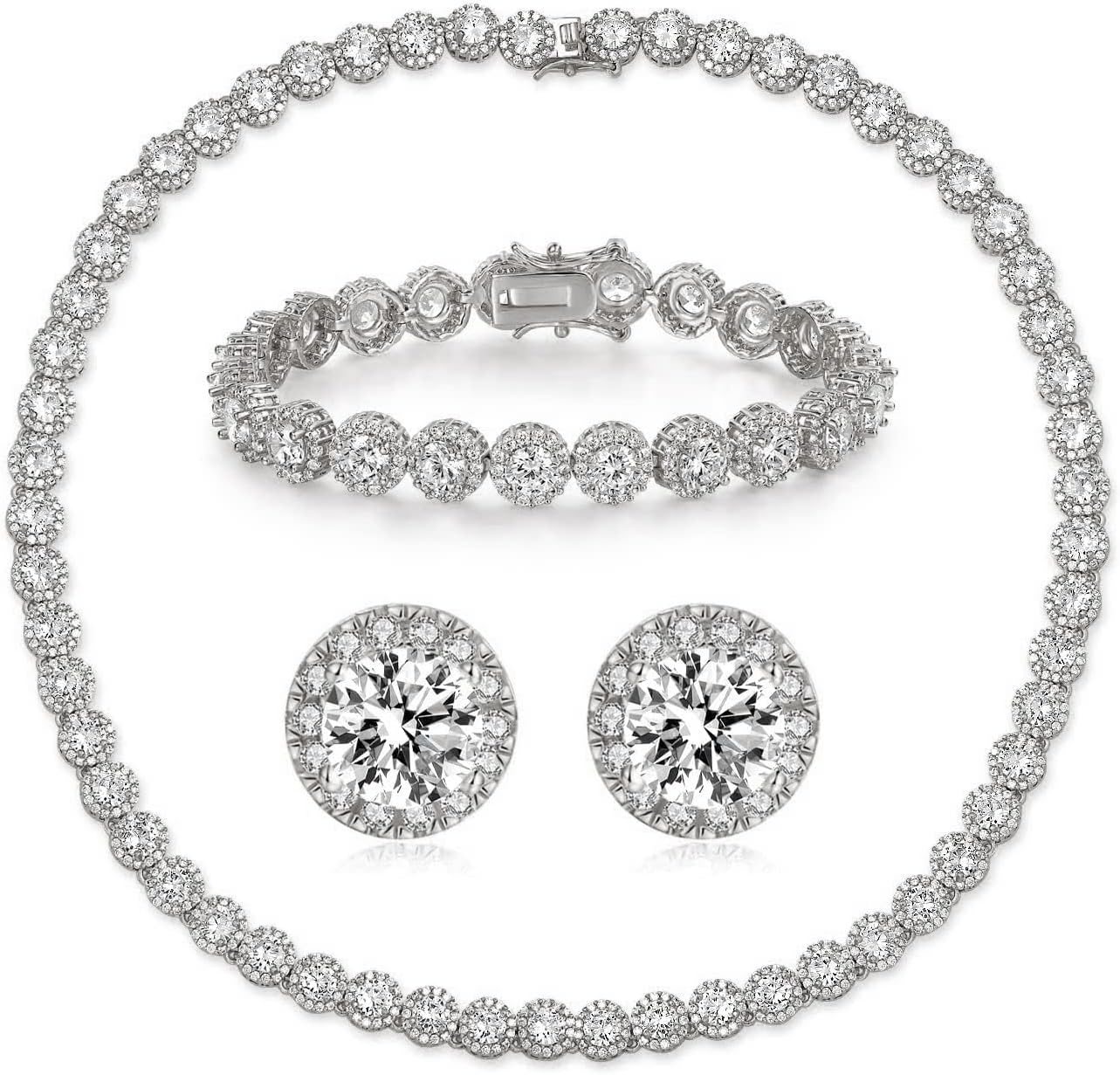 71901mkPWML._AC_SL1500_.jpg 18K White Gold Plated Cubic Zirconia Tennis Necklace Bracelet Earrings for Women for Men Jewelry Set - Image 1