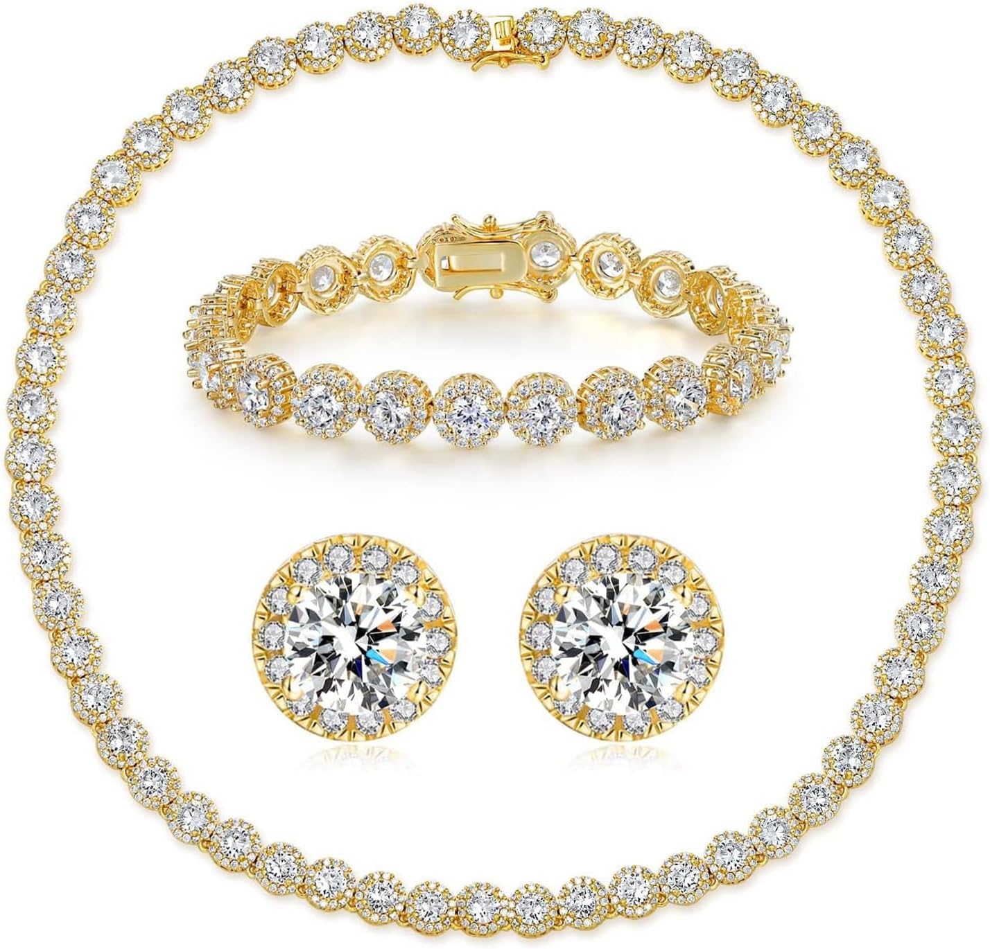 71RIimBhiSL._AC_SL1500_.jpg 18K White Gold Plated Cubic Zirconia Tennis Necklace Bracelet Earrings for Women for Men Jewelry Set - Image 1